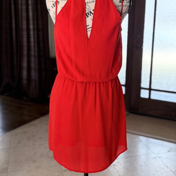 BANANA REPUBLIC | Spaghetti Strap Cutout Crepe Dress in Red Orange, size 4P - Picture 4 of 7